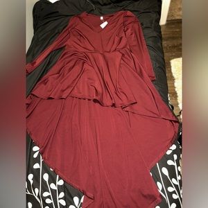Maroon/Burgundy dress, short in the front and long in the back